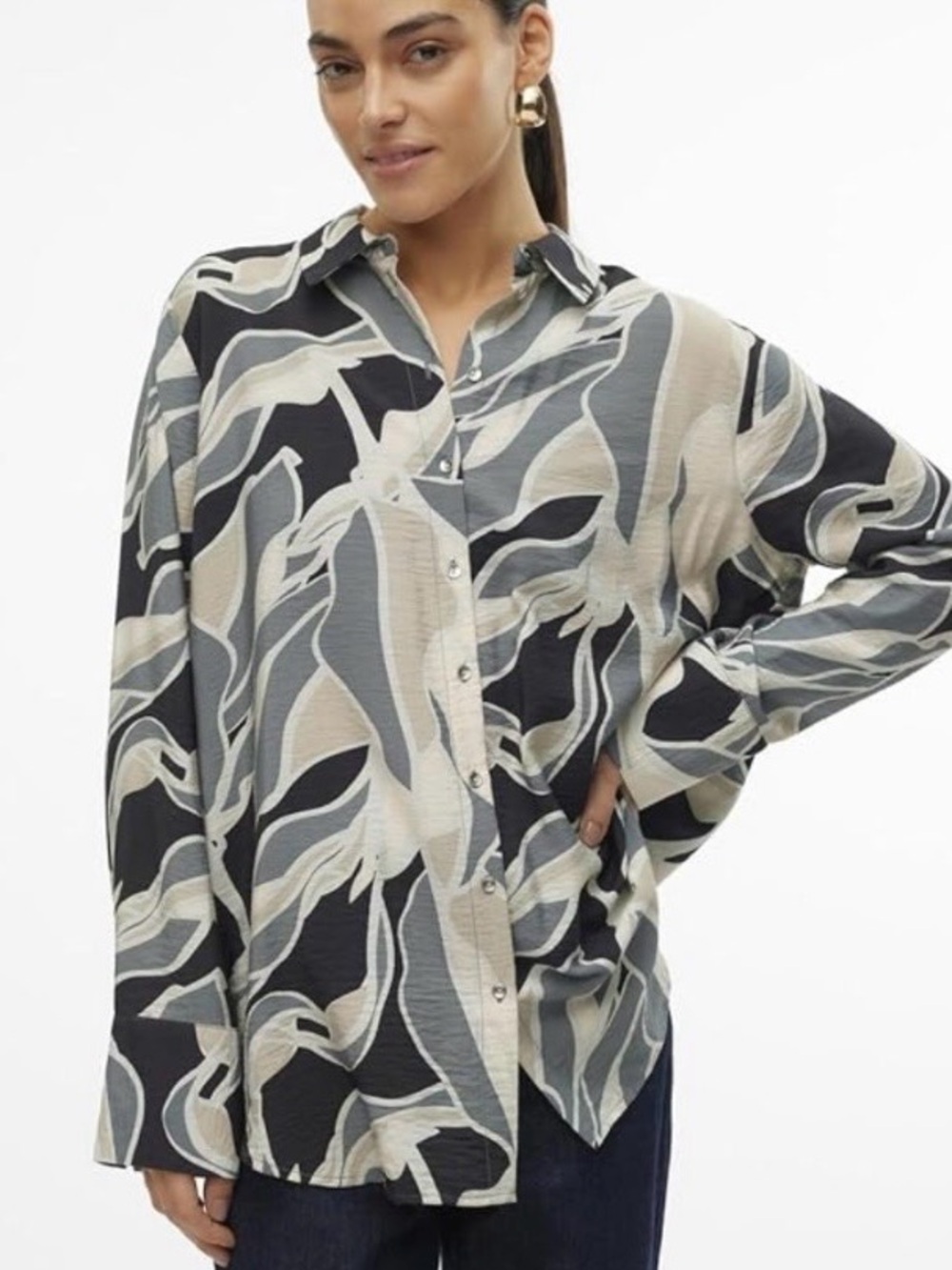 New Vero Moda Button-Front Long Sleeve Abstract Print Shirt - Black & Gray XL